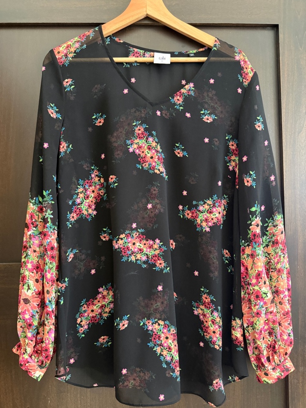 Cabi sheer Black Floral V-Neck Long-Sleeve Blouse Sz M